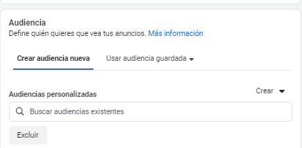 Apartado Audiencia de un gestor de anuncios con la opción de crear audiencias personalizadas