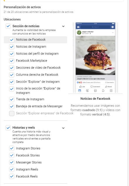 Personalización de los elementos del anuncio en Facebook Ads