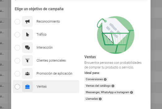 Selección del objetivo de campaña en el Administrador de anuncios de Meta