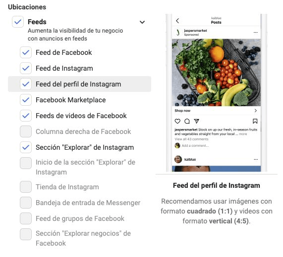 Selección de la ubicación Feed del perfil de Instagram en el Administrador de anuncios de Meta