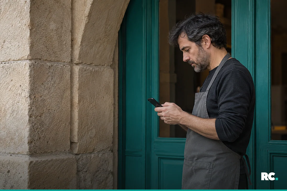 Dueño de una cafetería del casco antiguo consultando su móvil junto a la puerta del local, bajo un soportal de piedra
