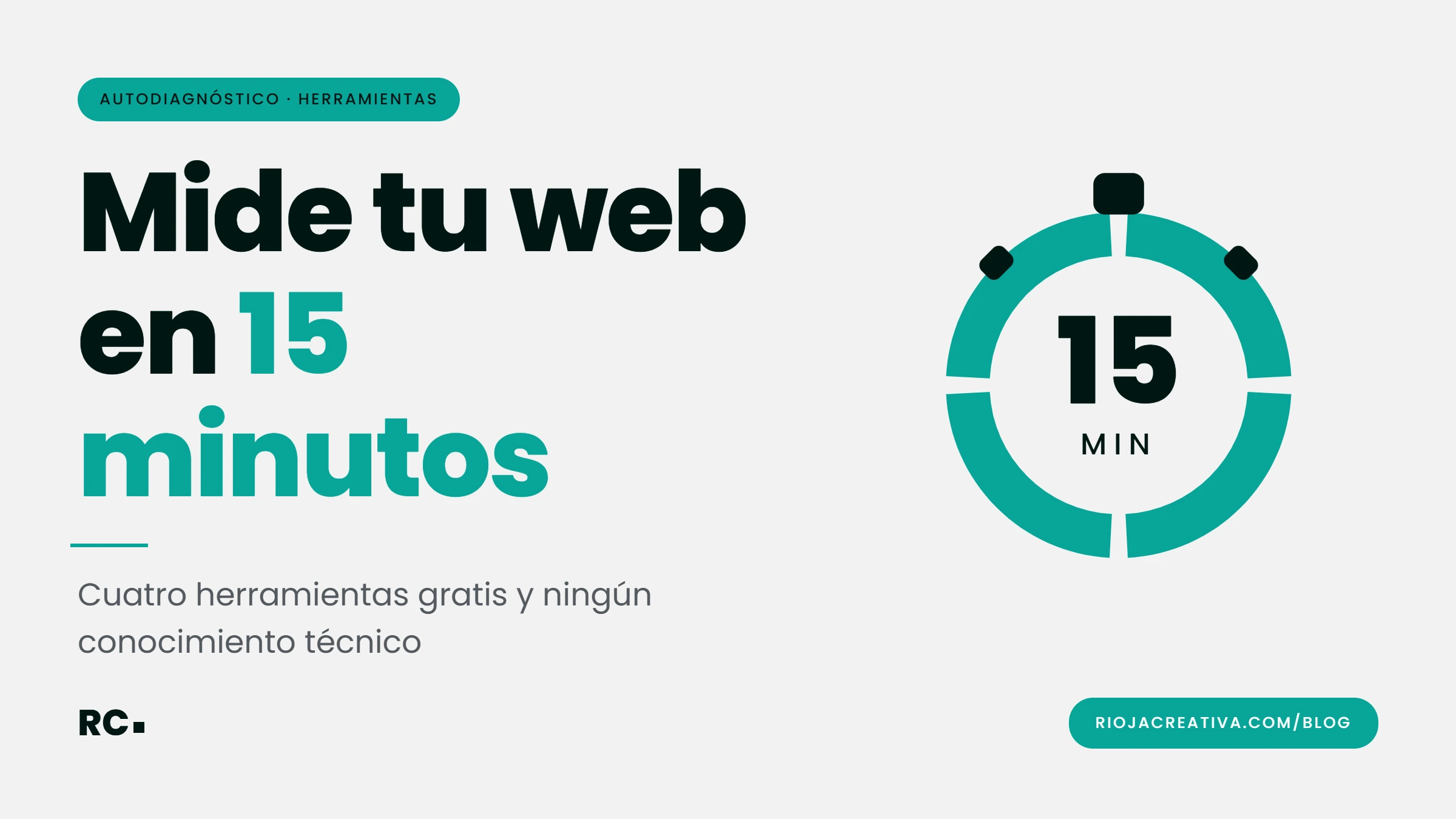 Cartel Mide tu web en 15 minutos con un cronómetro dividido en cuatro tramos